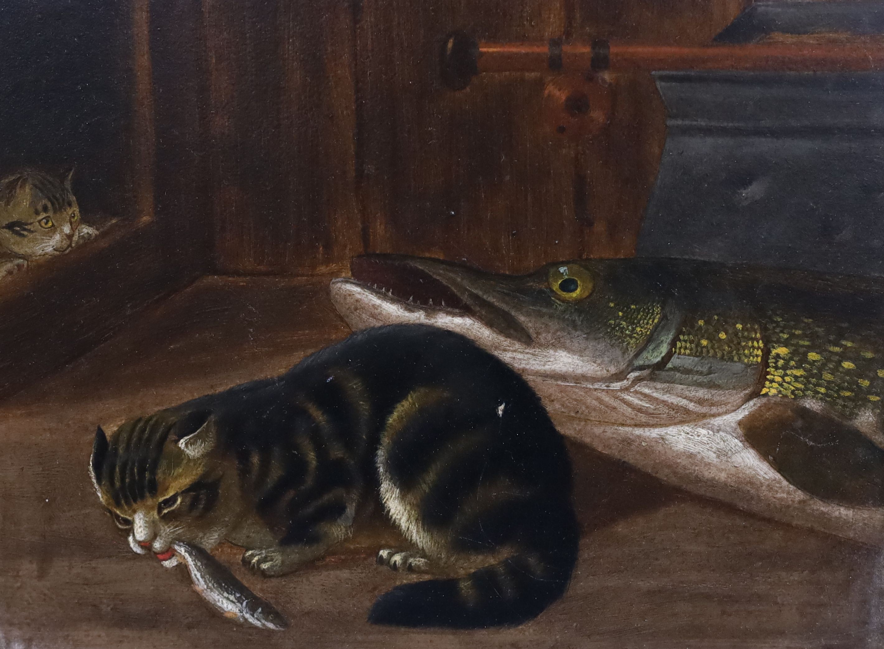 A. Rowland Knight (fl.1810-1840), Cat bitten by a pike, pair of oils on card, x